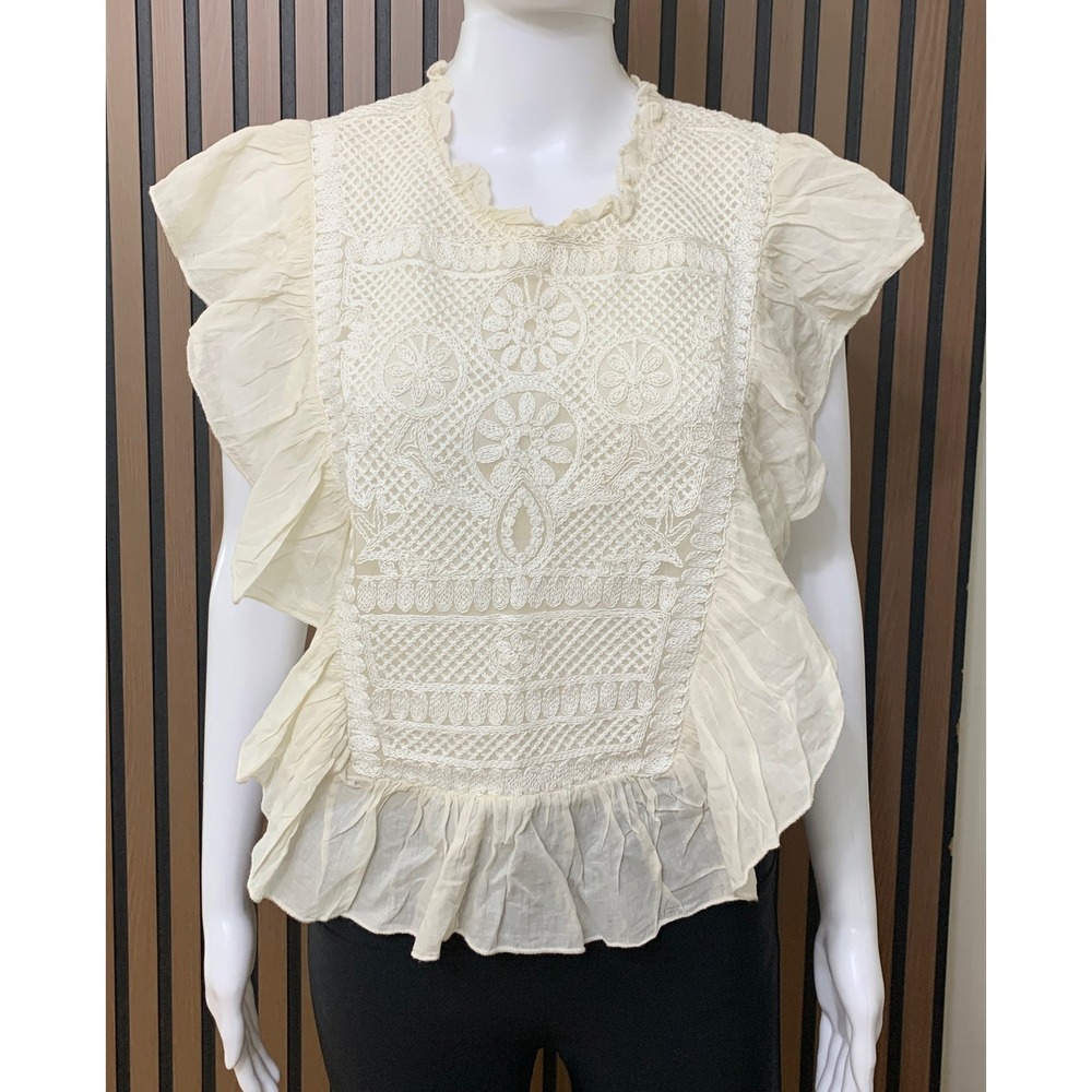 Joie Cream Embroidered Lace Ruffle Sleeveless Blouse Top Large 100% Cotton